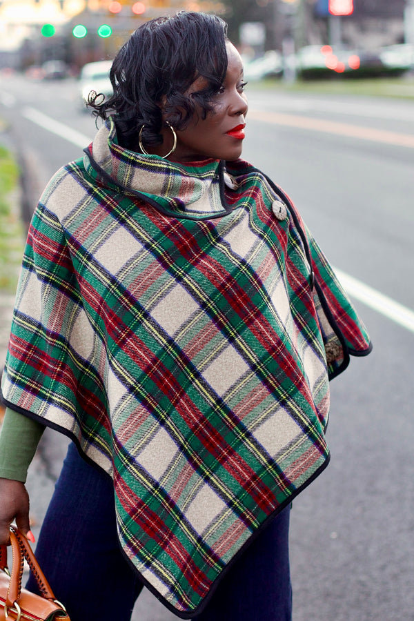 Yvette Plaid Poncho In Beige