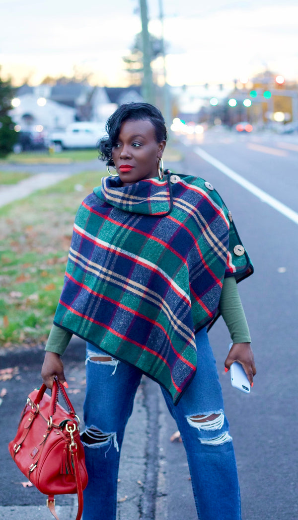 Yvette Plaid Poncho In Navy