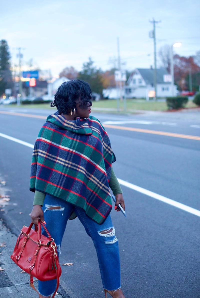 Yvette Plaid Poncho In Navy