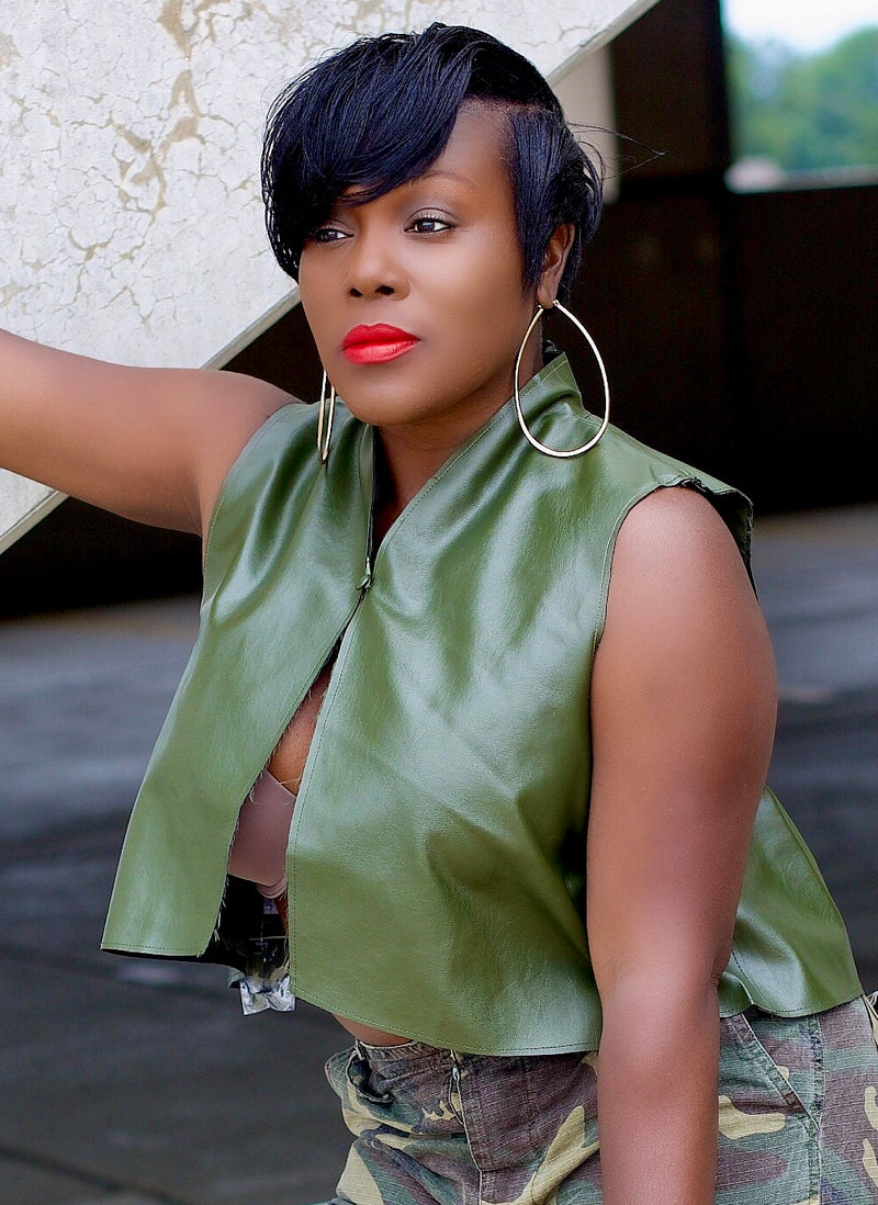 Biker Chick Faux Leather Vest In Olive